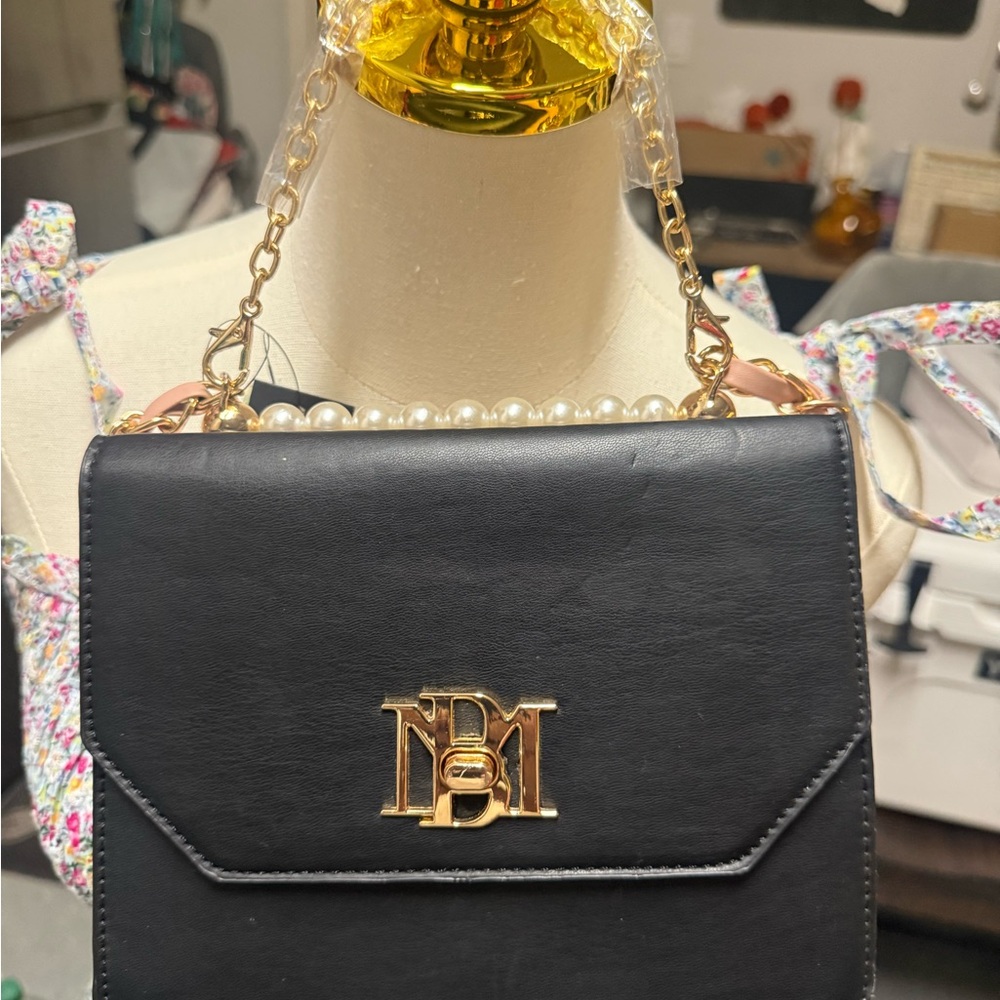 Valentino Orlandi Black Crossbody Bag with Gold Hardware and Pearl Handle